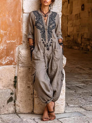 Women's V-neck Long-sleeve Casual Loose Cotton-linen Wide-leg Jumpsuit With Placement Prints