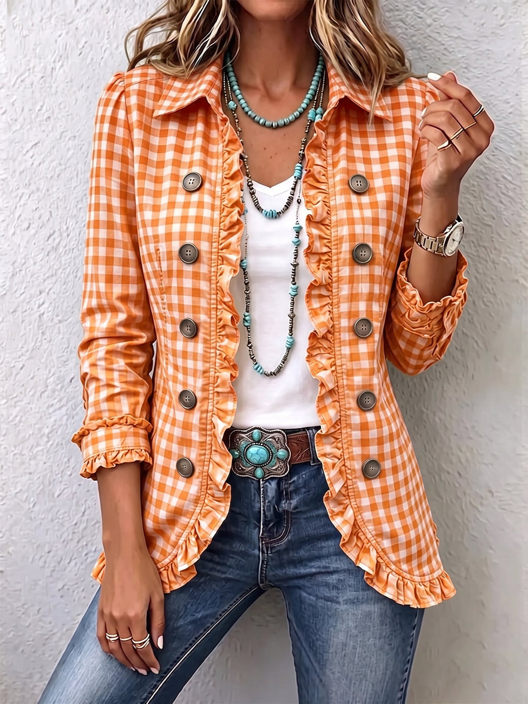 Charlene™ | Women's Gingham Ruffle Button-Down Jacket