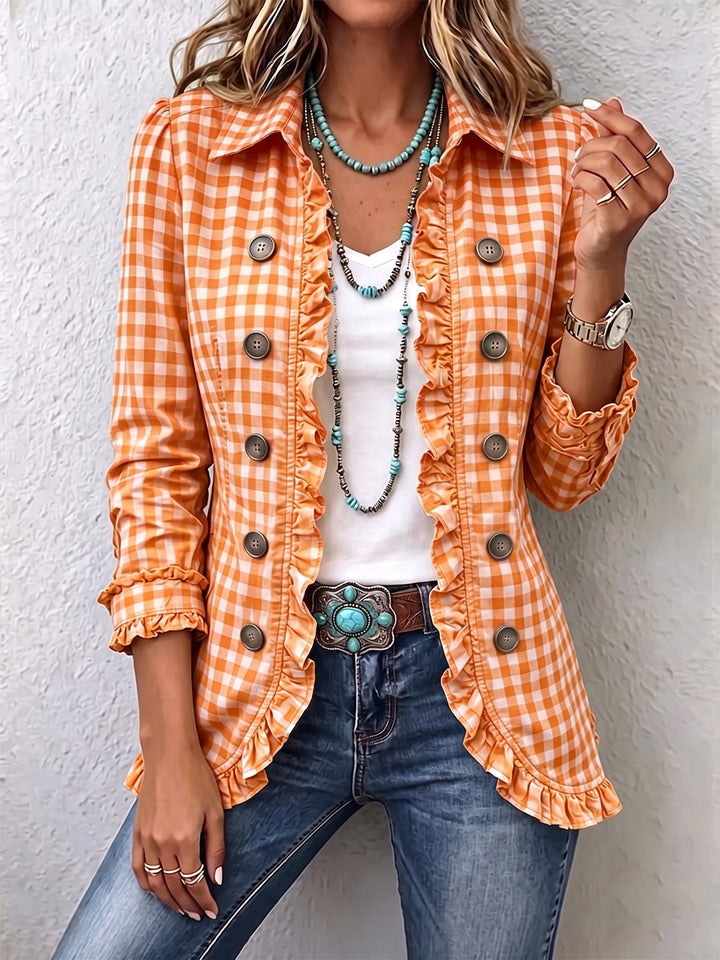 Charlene™ | Women's Gingham Ruffle Button-Down Jacket