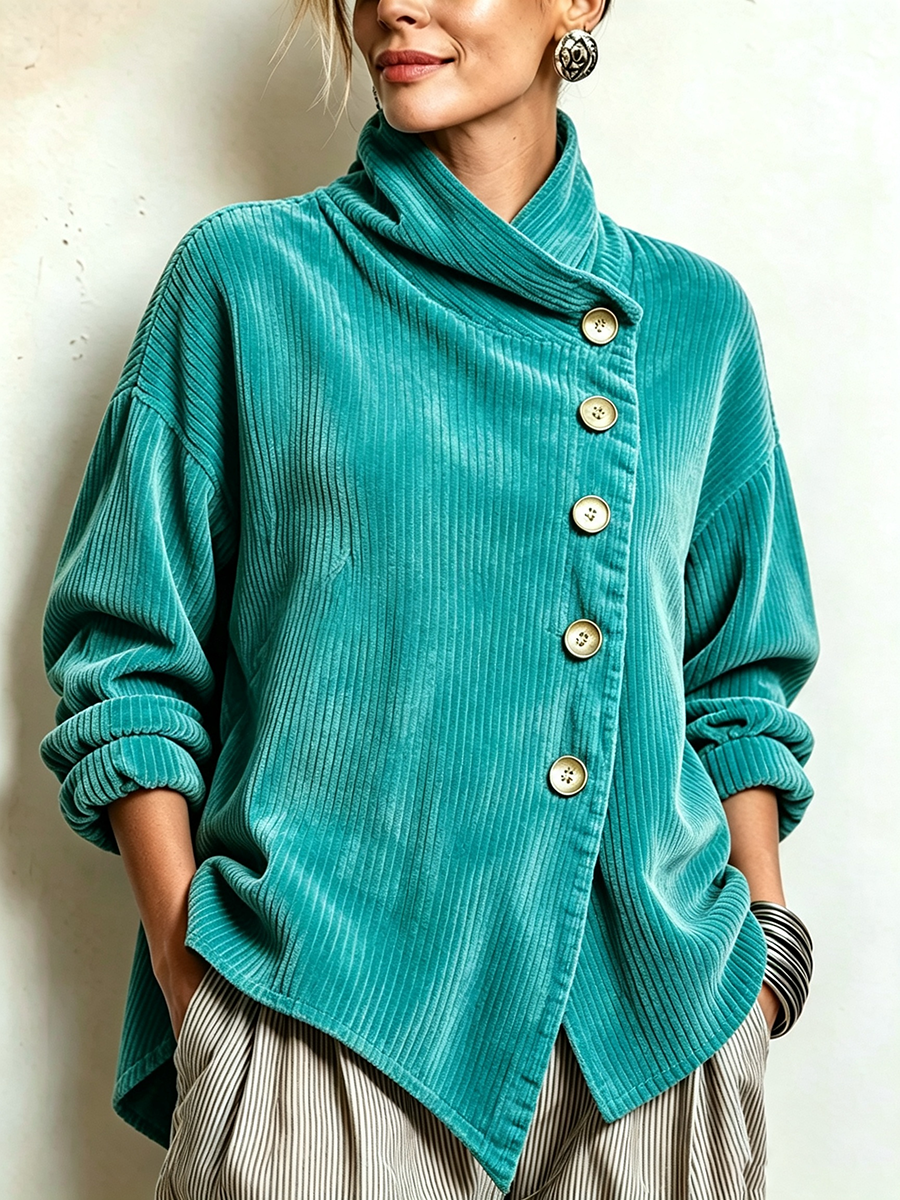Chic High Funnel Neck Asymmetric Corduroy Top