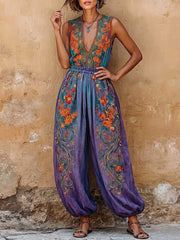 Women's Vintage Placement-print V-neck Sleeveless Casual Loose Cotton-linen Wide-leg Jumpsuit