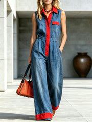 Womens Red Contrast Trim Sleeveless Denim Wide Leg Jumpsuit