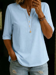 Pauline | Button-down Henley Top with 3/4 Sleeves & Relaxed Fit