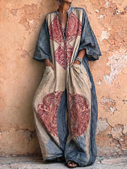 Women's Vintage Placement-print V-neck 3/4 Sleeve Casual Loose Cotton-linen Jumpsuit
