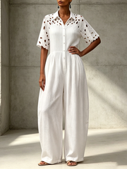 Elegant Vintage Floral Embroidered Patchwork Cotton Jumpsuit