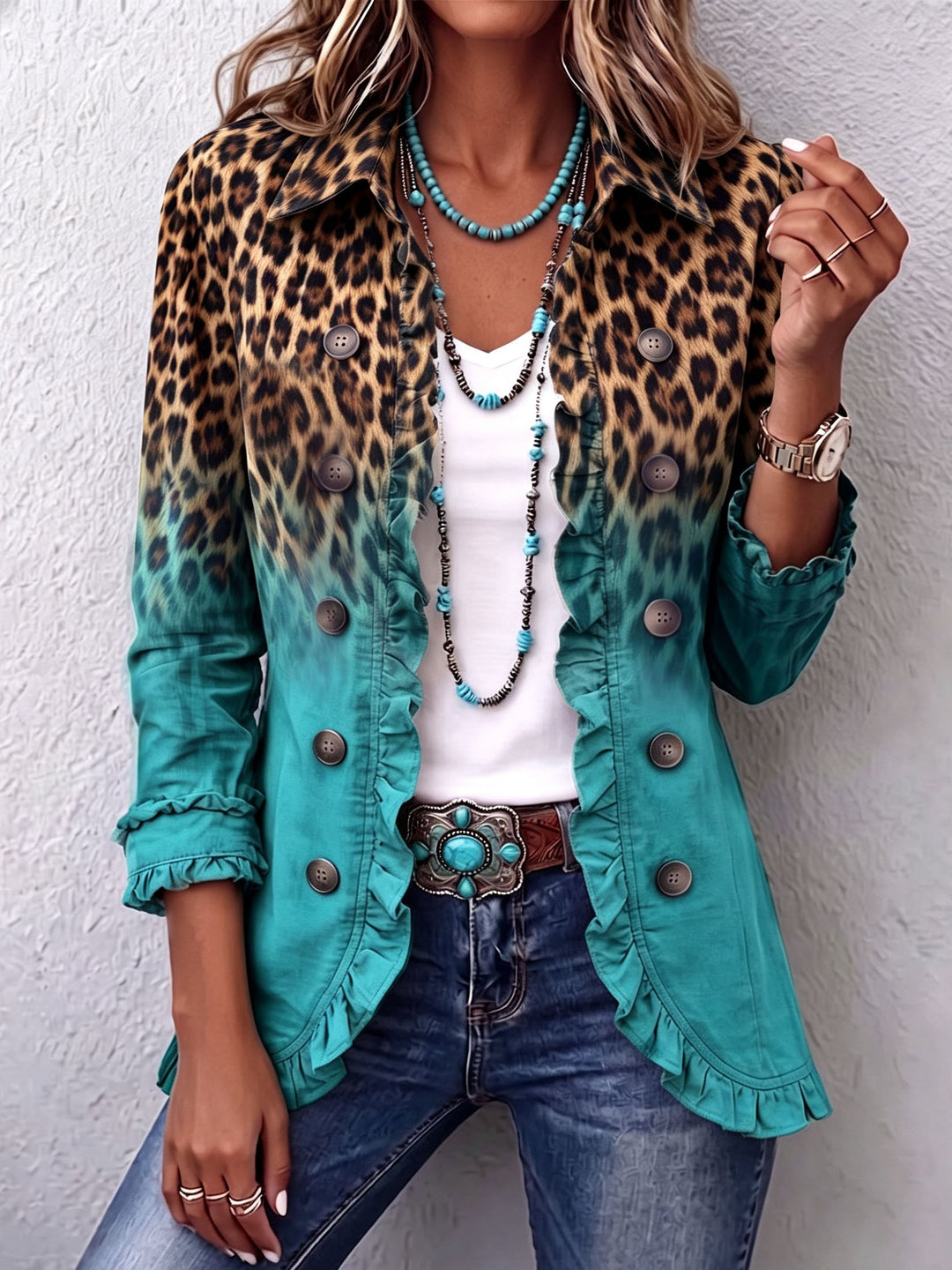 Bold Boho Leopard & Teal Ruffle Blazer Jacket tuqruoise