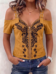 Women's Vintage Placement-print Off-shoulder Short-sleeve Casual Loose Cotton-linen Top