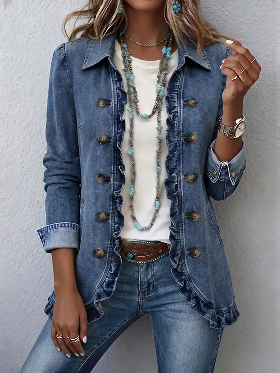 Kaylenne | Floral Embroidered Ruffle Trim Blazer