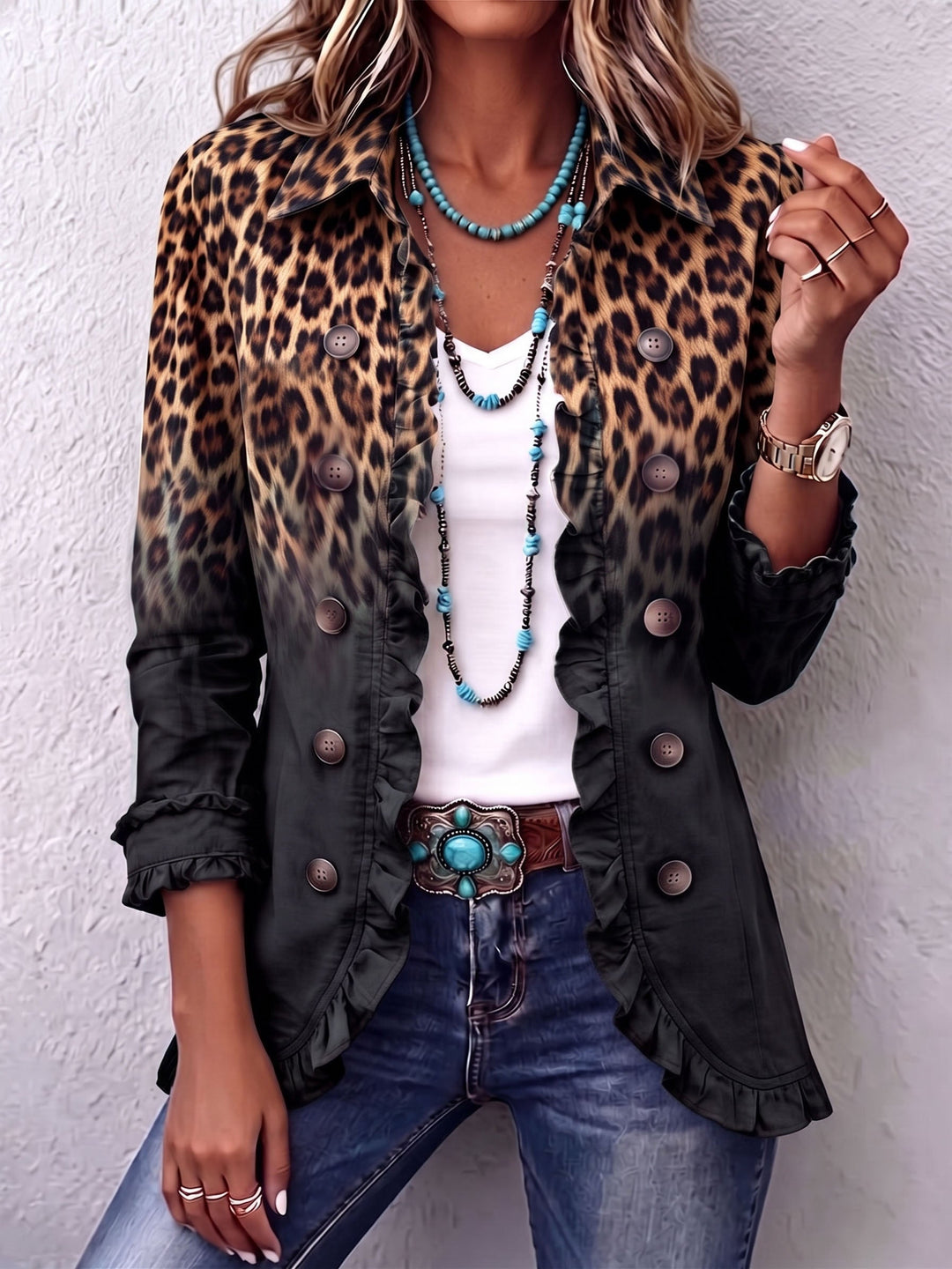 Sabina™ | Leopard Ombre Ruffle Blazer Jacket