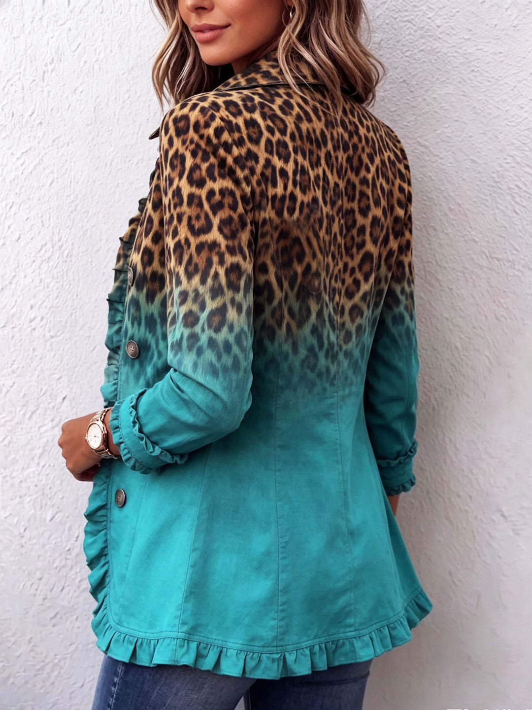 Bold Boho Leopard & Teal Ruffle Blazer Jacket tuqruoise