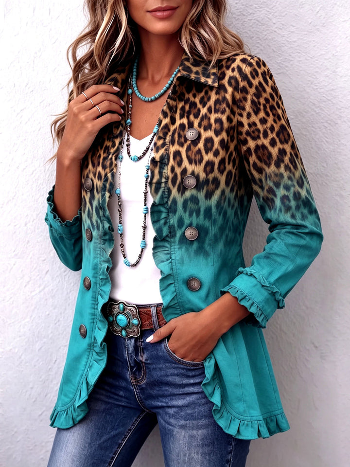 Bold Boho Leopard & Teal Ruffle Blazer Jacket tuqruoise