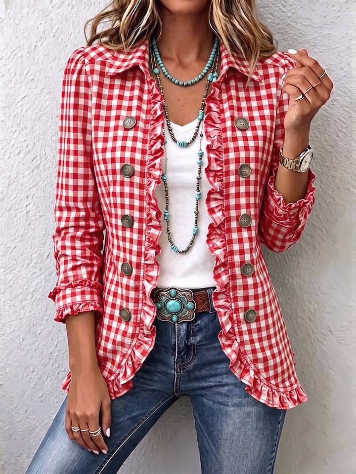 Charlene™ | Women's Gingham Ruffle Button-Down Jacket