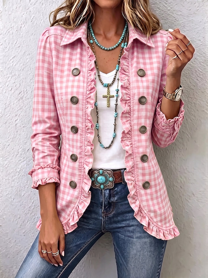 Charlene™ | Women's Gingham Ruffle Button-Down Jacket