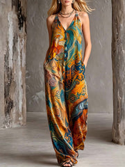 Women's Casual Loose V-neck Spaghetti Strap Jumpsuit With Retro Abstract Print