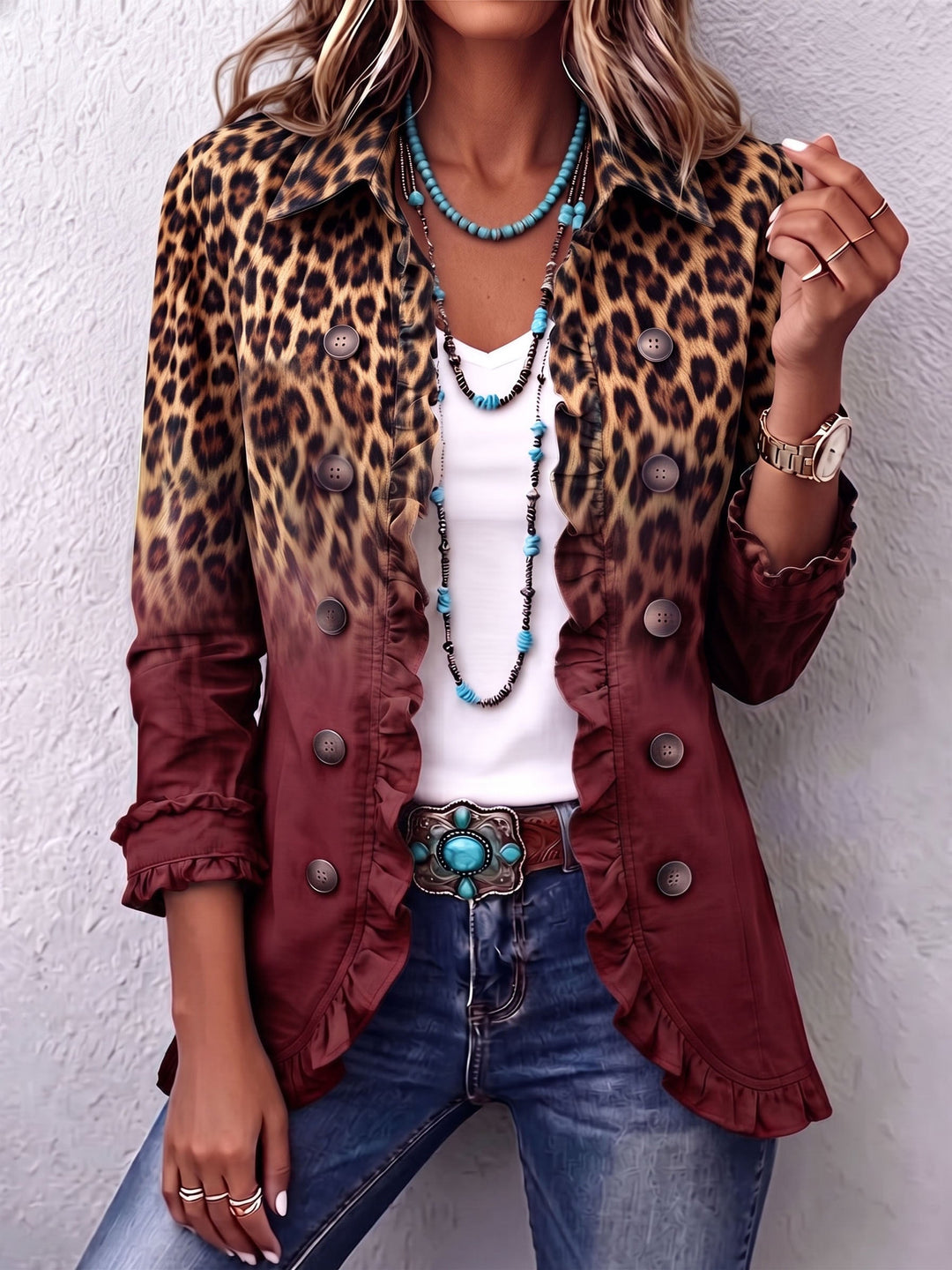 Talia™ | Leopard Ombre Ruffle Blazer Jacket