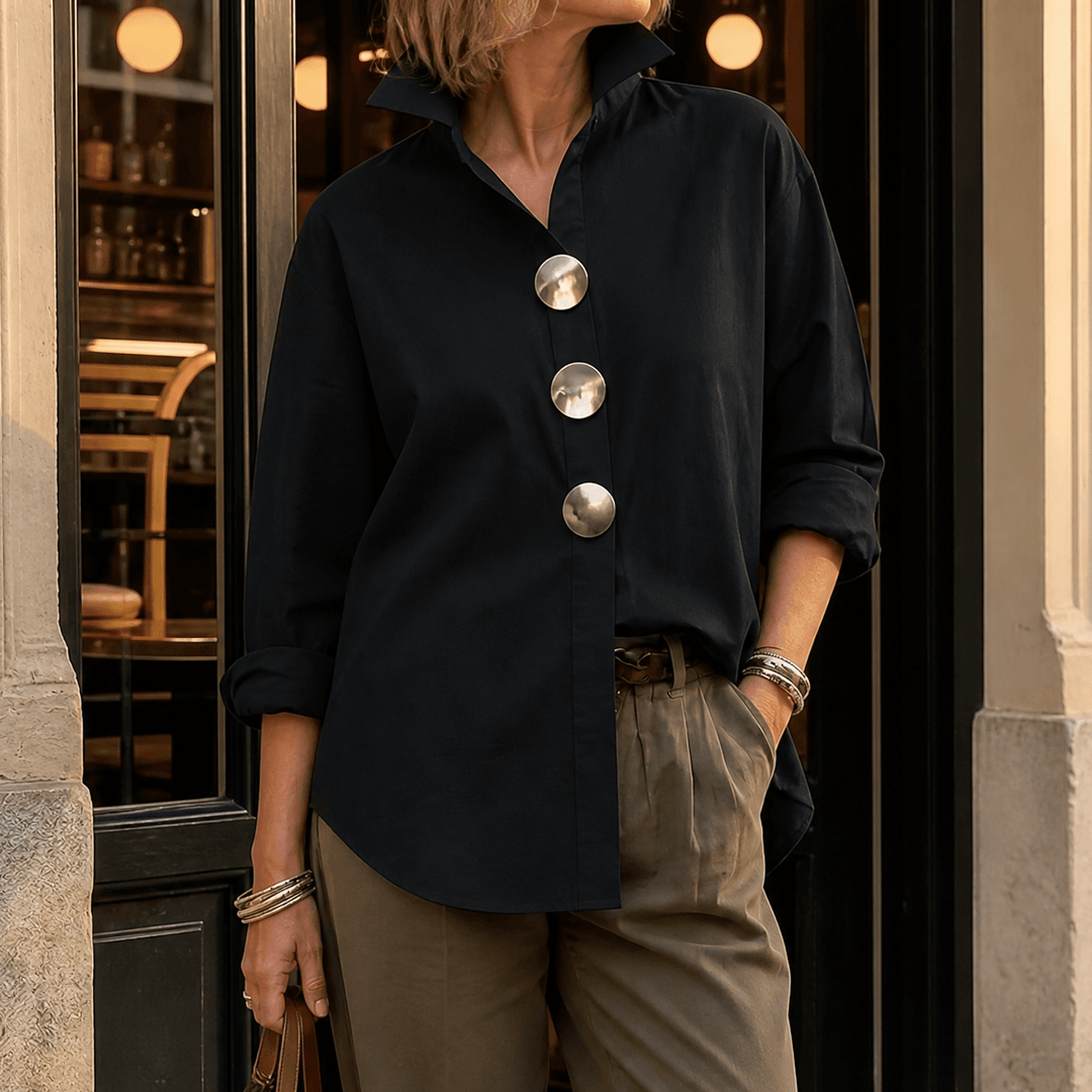 Peggy | Statement Button Blouse – Black