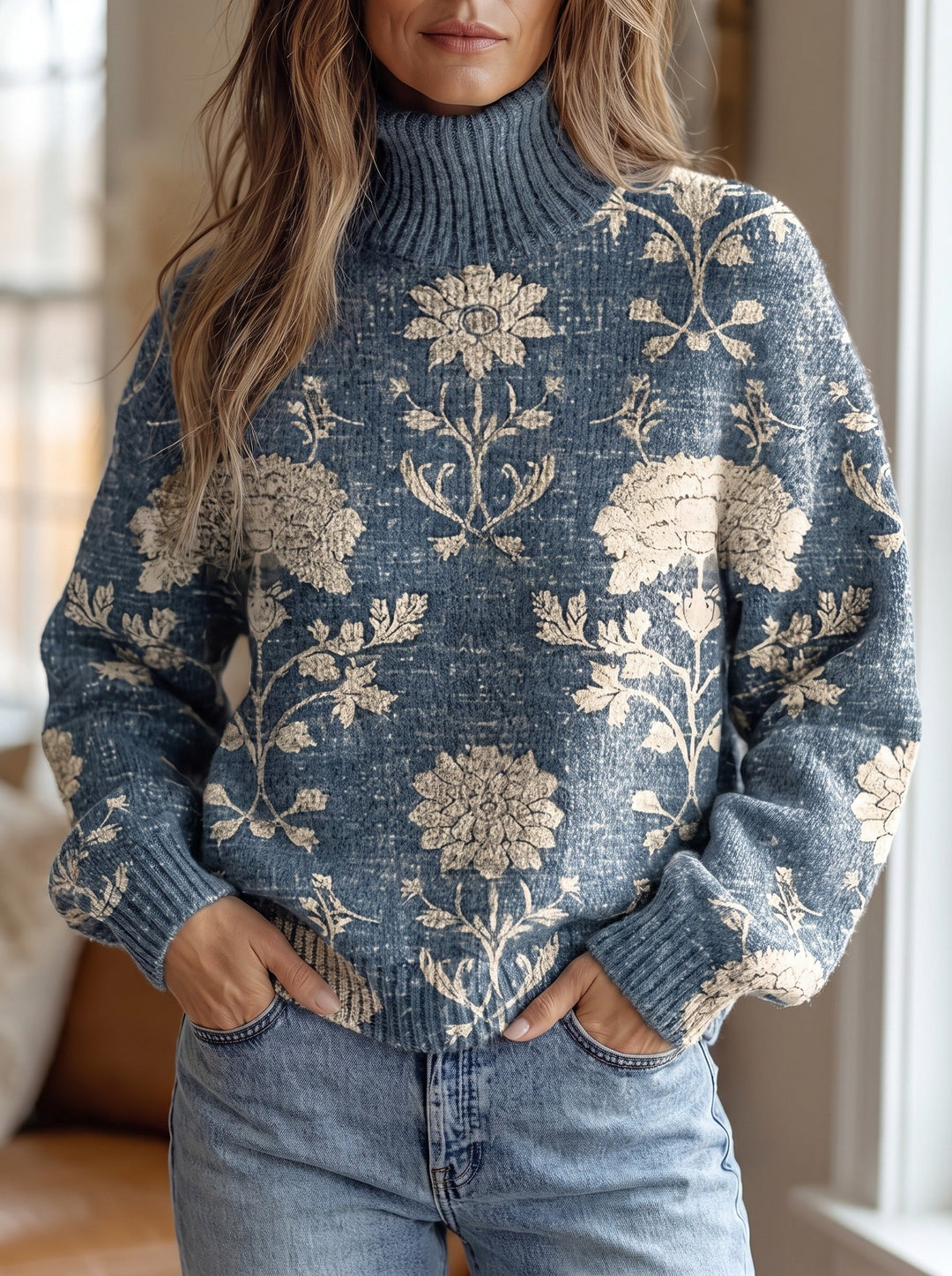 Solveig | Indigo Block-Print Turtleneck